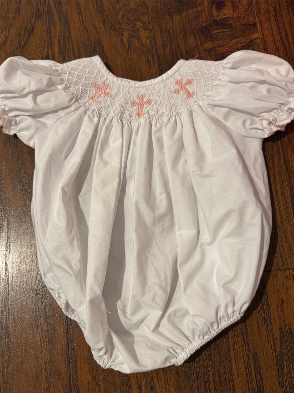White Baby Bubble with Pink Smocked Crosses